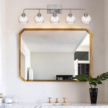 MELUCEE 5-Light Bathroom Lights Over Mirror in Brushed Nickel Finish, Modern Vanity Lights with Clear Striped Swirl Glass Shade Indoor Metal Wall Light Fixtures for Kitchen Powder Room Foyer