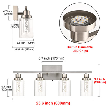 MELUCEE 4-Light LED Bathroom Lighting Fixtures Brushed Nickel, Dimmable LED Vanity Light for Bathroom 3000K-6000K Bathroom Wall Lights with Crystal Bubble Clear Glass Shade, Built-in LED Chips