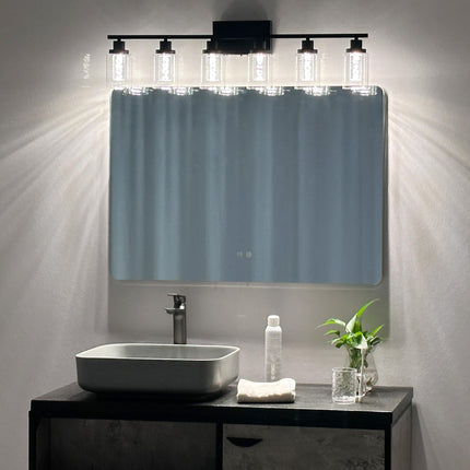 MELUCEE LED Vanity Lights for Bathroom, 6-Light Dimmable LED Bathroom Light Fixtures Black with Crystal Bubble Clear Glass Shade 3000K-6000K LED Wall Light Fixture for Bathroom, Built-in LED Chips