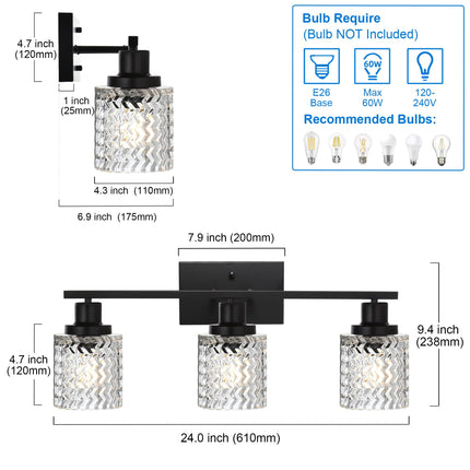 MELUCEE 3 Lights Modern Bathroom Light Fixtures Black Vanity Lights Indoor Wall Mounted Light with Hammered Glass Shade Suitable for Bathroom Living Room Hallway