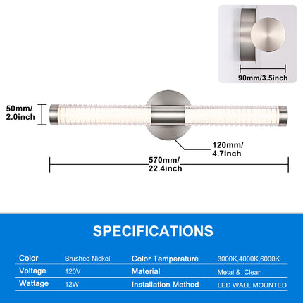 MELUCEE Modern Bathroom Vanity Light 22.4 inch All-Around Lighting, 12W 1000LM Dimmable 3CCT LED Bathroom Lights Bar Brushed Nickel