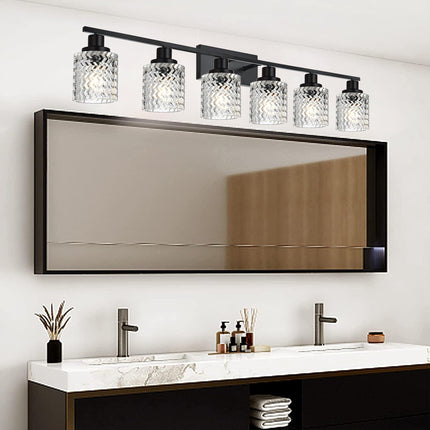 MELUCEE 6 Lights Bathroom Lighting Fixtures Over Mirror Black with Hammered Glass Shade, Vanity Light Indoor Wall Mounted Lamp for Bathroom Bedroom Kitchen