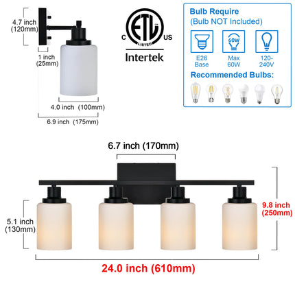 MELUCEE Bathroom Vanity Light Matte Black with Milky White Glass Shade, Modern 4-Light Bathroom Wall Lights Over Mirror Wall Mount Lamp for Dressing Room Living Room Hallway