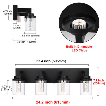 MELUCEE 4-Light 5 Color Dimmable Vanity Lights for Bathroom Bubble Crystal LED Bathroom Lighting Fixtures Over Mirror, Black LED Wall Sconce with Clear Glass Shade, Built-in Led Chips