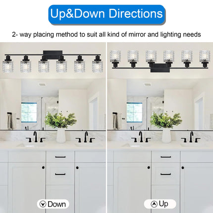 MELUCEE 6 Lights Bathroom Lighting Fixtures Over Mirror Black with Hammered Glass Shade, Vanity Light Indoor Wall Mounted Lamp for Bathroom Bedroom Kitchen