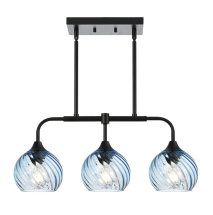 MELUCEE 3-Light Island Lights for Kitchen Island Linear Chandelier Black with Blue Striped Swirl Glass Shade Modern Dining Table Light for Bar Dining Room Kitchen Island Over Sink, Height Adjustable