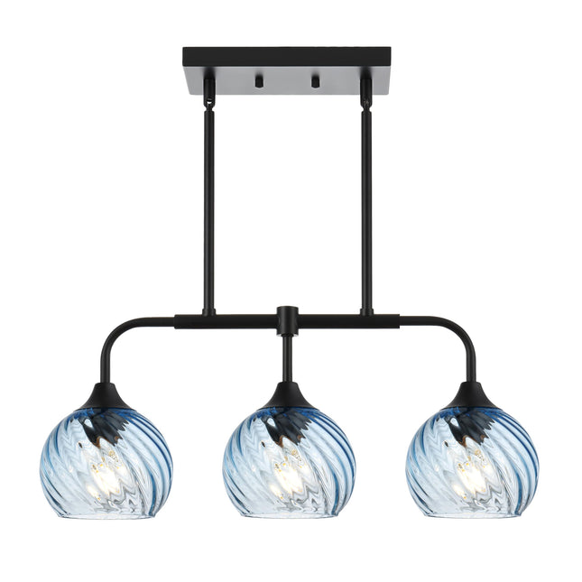 MELUCEE 3-Light Island Lights for Kitchen Island Linear Chandelier Black with Blue Striped Swirl Glass Shade Modern Dining Table Light for Bar Dining Room Kitchen Island Over Sink, Height Adjustable