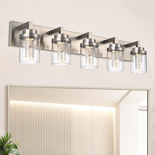 MELUCEE LED Vanity Light Bar 5-Light Bathroom Vanity Light Modern 25W Bath Lamps Over Mirror Brushed Nickel Bathroom Wall Lighting Fixtures with Clear Glass Shade Bubble Crystal Restroom Lighing
