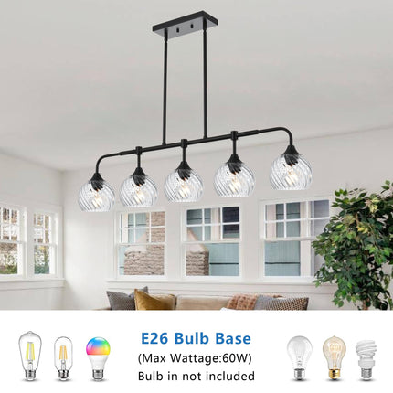 MELUCEE 5-Light Kitchen Island Lighting Linear Chandelier with Clear Striped Swirl Glass Shade, Large Black Pendant Lighting for Dining Room Over Table, Modern Light Fixtures Ceiling Hanging, E26 Base