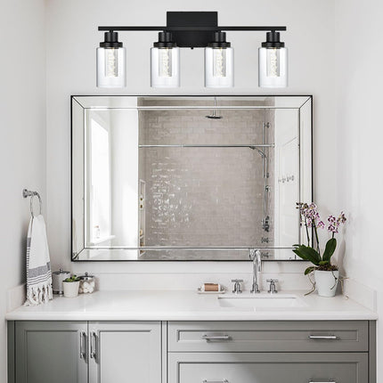 MELUCEE 4-Light LED Bathroom Lighting Fixtures Over Mirror, Dimmable LED Vanity Light for Bathroom 3000K-6000K Black Bath Wall Lights with Crystal Bubble Clear Glass Shade, Built-in LED Chips