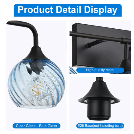 MELUCEE 5-Light Bathroom Light Fixtures 42 Inches, Matte Black Vanity Lights with Blue Striped Swirl Glass Shade, Mid-Century Modern Bathroom Vanity Light Over Mirror