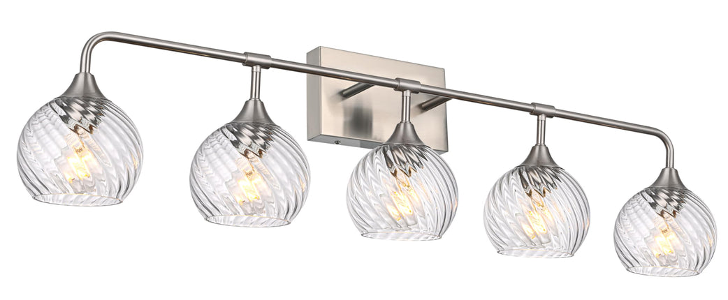 MELUCEE 5-Light Bathroom Lights Over Mirror in Brushed Nickel Finish, Modern Vanity Lights with Clear Striped Swirl Glass Shade Indoor Metal Wall Light Fixtures for Kitchen Powder Room Foyer