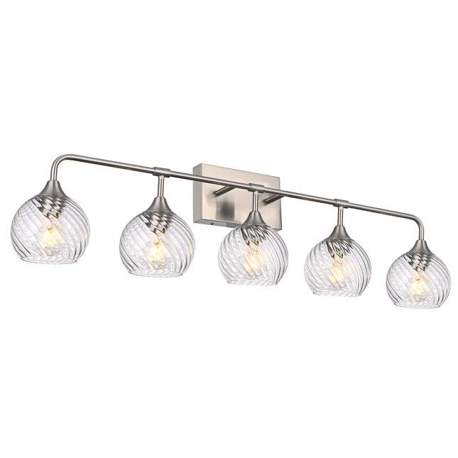 MELUCEE 5-Light Bathroom Lights Over Mirror in Brushed Nickel Finish, Modern Vanity Lights with Clear Striped Swirl Glass Shade Indoor Metal Wall Light Fixtures for Kitchen Powder Room Foyer
