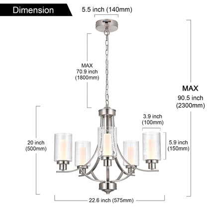 MELUCEE 5 Lights Modern LED Chandeliers for Dining Room Brushed Nickel Kitchen Chandeliers Over Table 5CCT Dimmable Hanging Ceiling Light Led Pendant Light with Seeded Glass Shade, Built-in LED Chips