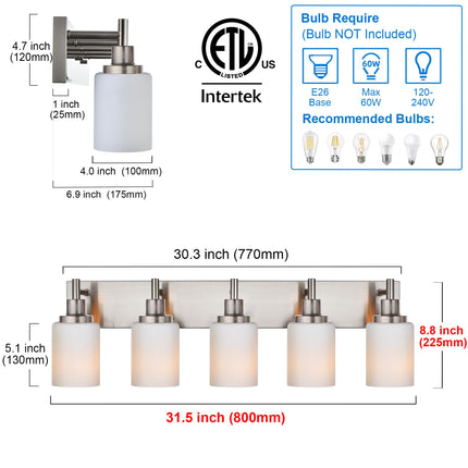 MELUCEE Modern Bathroom Light Fixtures with Milky White Glass Shade 5 Light Brushed Nickel Vanity Lighting Fixtures Over Sink Light Bathroom Wall Lights for Dressing Room Laundry Room Kitchen