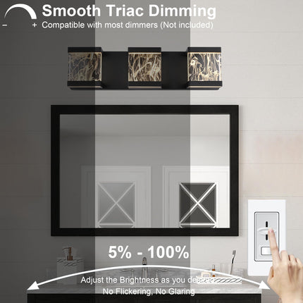 MELUCEE Modern LED Bathroom Lights Over Mirror 15W 3 Lights LED Vanity Light Bar with Unique Smoke Acrylic Panel Black Bathroom Wall Light Fixtures for Bath Powder Room, 3000K Warm Lighting