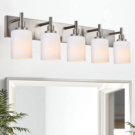 MELUCEE Modern Bathroom Light Fixtures with Milky White Glass Shade 5 Light Brushed Nickel Vanity Lighting Fixtures Over Sink Light Bathroom Wall Lights for Dressing Room Laundry Room Kitchen