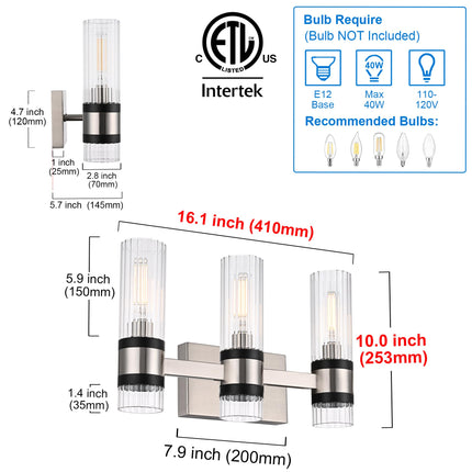MELUCEE 3-Light Bathroom Light Fixtures Brushed Nickel with Ribbed Clear Glass Shade for Kitchen Bedroom Hallway, E12 Base
