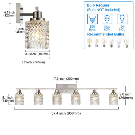 MELUCEE 6 Lights Bathroom Lighting Fixtures Over Mirror Brushed Nickel with Hammered Glass Shade, Vanity Light Indoor Wall Mounted Lamp for Bathroom Bedroom Kitchen