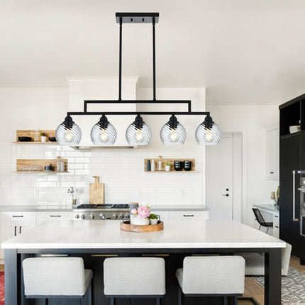 MELUCEE 5 Light Kitchen Pendant Lighting Over Island with Clear Striped Swirl Globe Glass, Linear Island Lighting Fixtures Hanging Balck Chandelier for Dining Room Kitchen Living Room