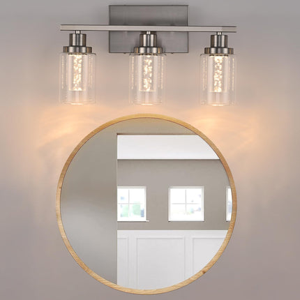 MELUCEE 3 Light LED Bathroom Light Fixtures 3000K-6000K Dimmable Vanity Lights Bathroom Lights Over Mirror Brushed Nickel Wall Light Fixture with Crystal Bubble Clear Glass Shade, Built-in LED Chips