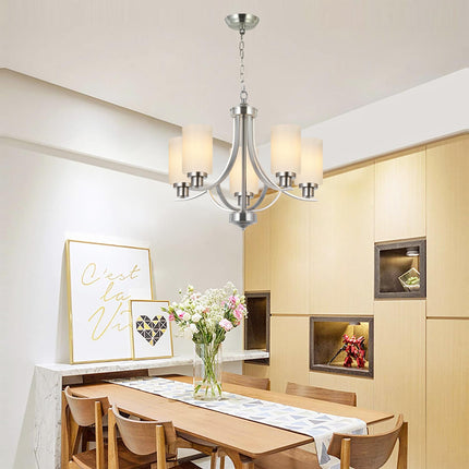 MELUCEE 5 Lights Chandeliers for Dining Room Traditional Chandelier Classic Pendant Light Brushed Nickel with Milky White Glass Shade, Mid Century Modern Chandelier for Kitchen Foyer Bedroom