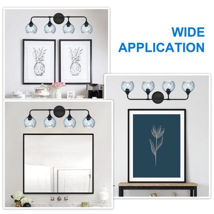 MELUCEE Bathroom Light Fixtures Black Vanity Light with Blue Striped Swirl Glass Shade, 4 Light Modern Wall Light Fixtures for Mirror Kitchen Living Room Bedroom Hallway