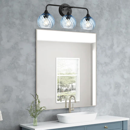 MELUCEE 25 Inch Bathroom Light Fixtures Black, 3-Light Vanity Lights with Blue Striped Swirl Glass Shade, Mid-Century Modern Bathroom Vanity Light Over Mirror