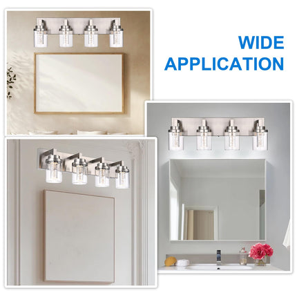 MELUCEE 4-Light Bathroom Lighting Fixtures Brushed Nickel, Dimmable LED Vanity Light for Bathroom 5CCT Bubble Crystal Bath Wall Lights with Clear Glass Shade, Built-in Led Chips