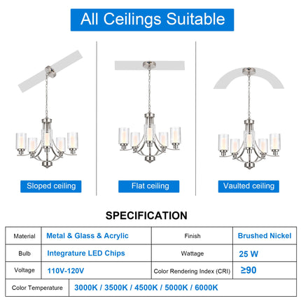 MELUCEE 5 Lights Modern LED Chandeliers for Dining Room Brushed Nickel Kitchen Chandeliers Over Table 5CCT Dimmable Hanging Ceiling Light Led Pendant Light with Seeded Glass Shade, Built-in LED Chips