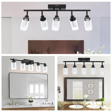 MELUCEE LED Ceiling Spotlight Kitchen Track Lighting Kits 5-Light Bathroom Vanity Light Black Wall Mounted Lamp with Flexibly Rotatable Light Heads, Built-in LED Chips, 5-Color Temperature Adjustable