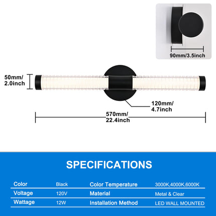 MELUCEE 22.4IN Modern LED Bathroom Vanity Light Bar, 12W 1000LM Dimmable 3CCT LED Bathroom Light Fixtures Over Mirror All-Around Lighting Black
