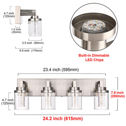 MELUCEE 4-Light Bathroom Lighting Fixtures Brushed Nickel, Dimmable LED Vanity Light for Bathroom 5CCT Bubble Crystal Bath Wall Lights with Clear Glass Shade, Built-in Led Chips