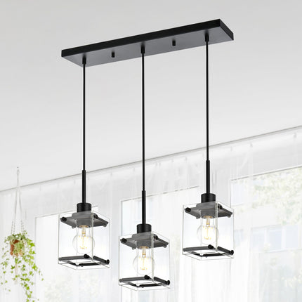 MELUCEE Pendant Lighting for Kitchen Island, 3-Light Dining Room Light Fixtures Hanging Black Finish with Rectangular Clear Glass Shades