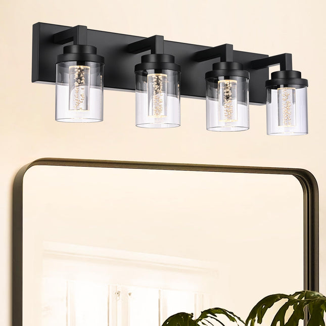 MELUCEE 4-Light 5 Color Dimmable Vanity Lights for Bathroom Bubble Crystal LED Bathroom Lighting Fixtures Over Mirror, Black LED Wall Sconce with Clear Glass Shade, Built-in Led Chips