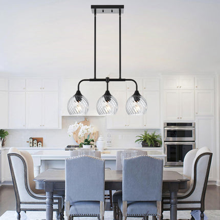 MELUCEE Dining Room Chandeliers with Clear Striped Swirl Glass Shade, 3 Light Black Kitchen Island Lighting Fixtures Ceiling Linear Pendant Light for Kitchen Dining Room Bar, Height Adjustable