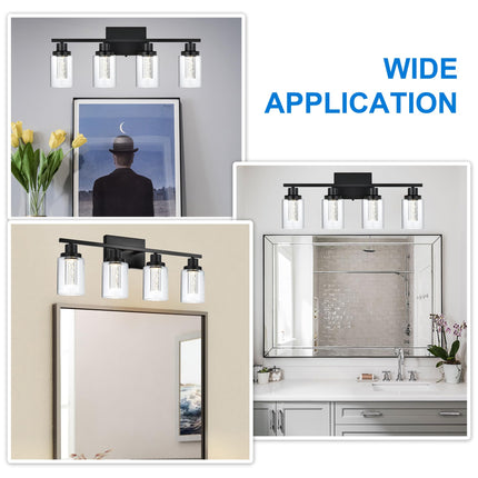 MELUCEE 4-Light LED Bathroom Lighting Fixtures Over Mirror, Dimmable LED Vanity Light for Bathroom 3000K-6000K Black Bath Wall Lights with Crystal Bubble Clear Glass Shade, Built-in LED Chips