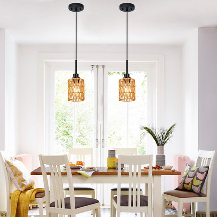 MELUCEE 2 Pack Rattan Hanging Light Fixture Boho Pendant Light Black Adjustable Dining Table Light Fixture with Rattan Lamp Shade, Set of Two Mini Pendant Lighting for Kitchen Island Hallway Stair