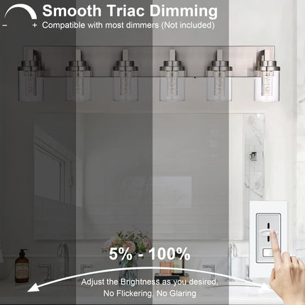 MELUCEE 6-Light LED Bathroom Light Fixtures, Modern Brushed Nickel Bubble Crystal Vanity Lights with Clear Glass Shade, Dimmable 5CCT Wall Sconce Lamp for Bathroom Restroom, Built-in Led Chips