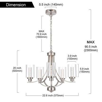 MELUCEE LED Chandeliers for Dining Room 5 Lights Dining Room Light Fixture Brushed Nickel Kitchen Chandeliers Over Table Led Pendant Light with Clear Glass Shade, Built-in LED Chips, 5CCT Adjustable