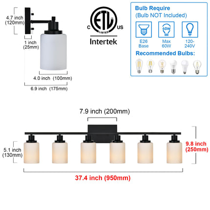 MELUCEE Matte Black Vanity Lights for Bathroom, 6 Lights Bathroom Light Fixtures Over The Mirror Light with Milky White Glass Shade Wall Mount Lamp for Dressing Room Living Room Hallway