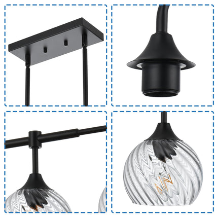 MELUCEE Dining Room Chandeliers with Clear Striped Swirl Glass Shade, 3 Light Black Kitchen Island Lighting Fixtures Ceiling Linear Pendant Light for Kitchen Dining Room Bar, Height Adjustable