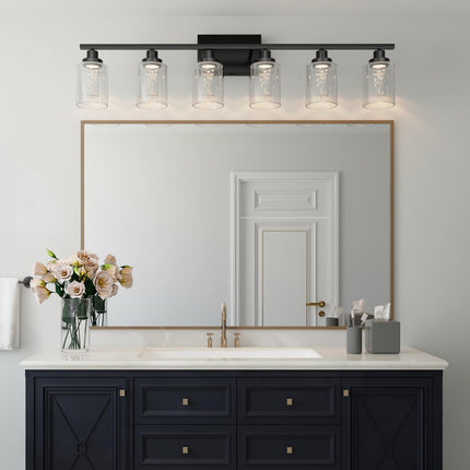 MELUCEE LED Vanity Lights for Bathroom, 6-Light Dimmable LED Bathroom Light Fixtures Black with Crystal Bubble Clear Glass Shade 3000K-6000K LED Wall Light Fixture for Bathroom, Built-in LED Chips