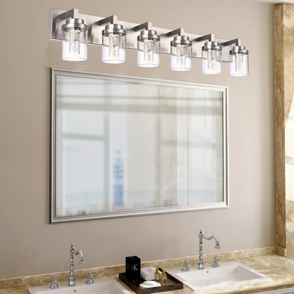 MELUCEE 6-Light LED Bathroom Light Fixtures, Modern Brushed Nickel Bubble Crystal Vanity Lights with Clear Glass Shade, Dimmable 5CCT Wall Sconce Lamp for Bathroom Restroom, Built-in Led Chips