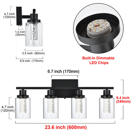 MELUCEE 4-Light LED Bathroom Lighting Fixtures Over Mirror, Dimmable LED Vanity Light for Bathroom 3000K-6000K Black Bath Wall Lights with Crystal Bubble Clear Glass Shade, Built-in LED Chips