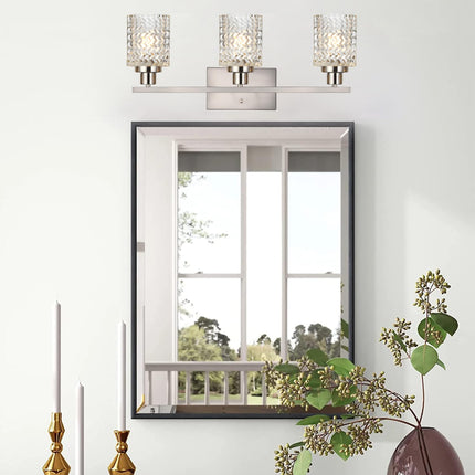 MELUCEE 3 Lights Bathroom Light Fixtures Brushed Nickel Modern Vanity Lights Indoor Wall Mounted Light with Hammered Glass Shade Suitable for Bathroom Living Room Hallway