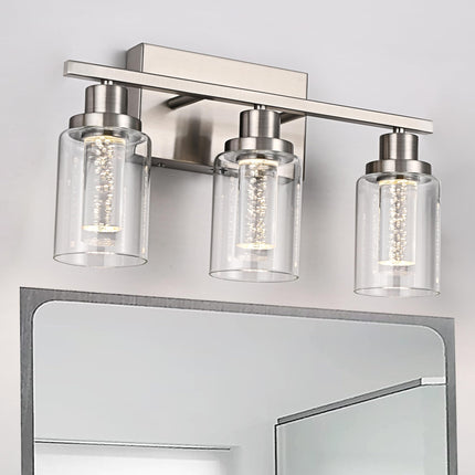 MELUCEE 3 Light LED Bathroom Light Fixtures 3000K-6000K Dimmable Vanity Lights Bathroom Lights Over Mirror Brushed Nickel Wall Light Fixture with Crystal Bubble Clear Glass Shade, Built-in LED Chips