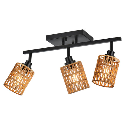 MELUCEE 3 Light Track Lighting Fixtures Ceiling, Black Farmhouse Vanity Lighting Fixtures with Rotatable Light Head for Hallway Porch Foyer Bath Storage, Rattan Lamp Shade