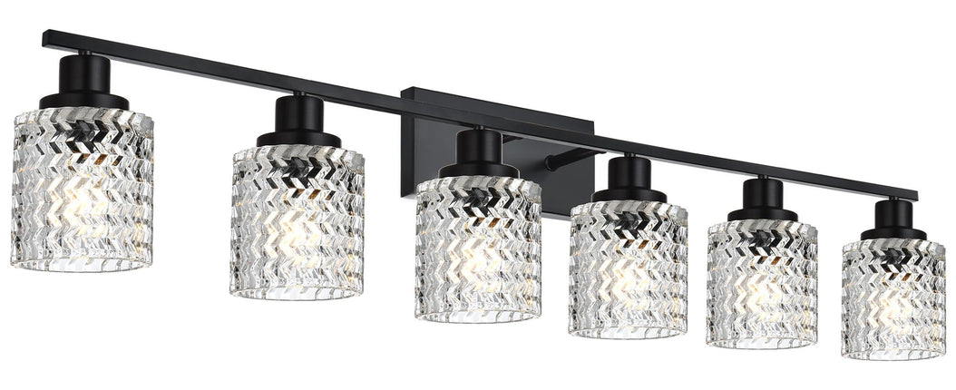 MELUCEE 6 Lights Bathroom Lighting Fixtures Over Mirror Black with Hammered Glass Shade, Vanity Light Indoor Wall Mounted Lamp for Bathroom Bedroom Kitchen