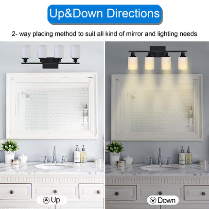 MELUCEE Bathroom Vanity Light Matte Black with Milky White Glass Shade, Modern 4-Light Bathroom Wall Lights Over Mirror Wall Mount Lamp for Dressing Room Living Room Hallway